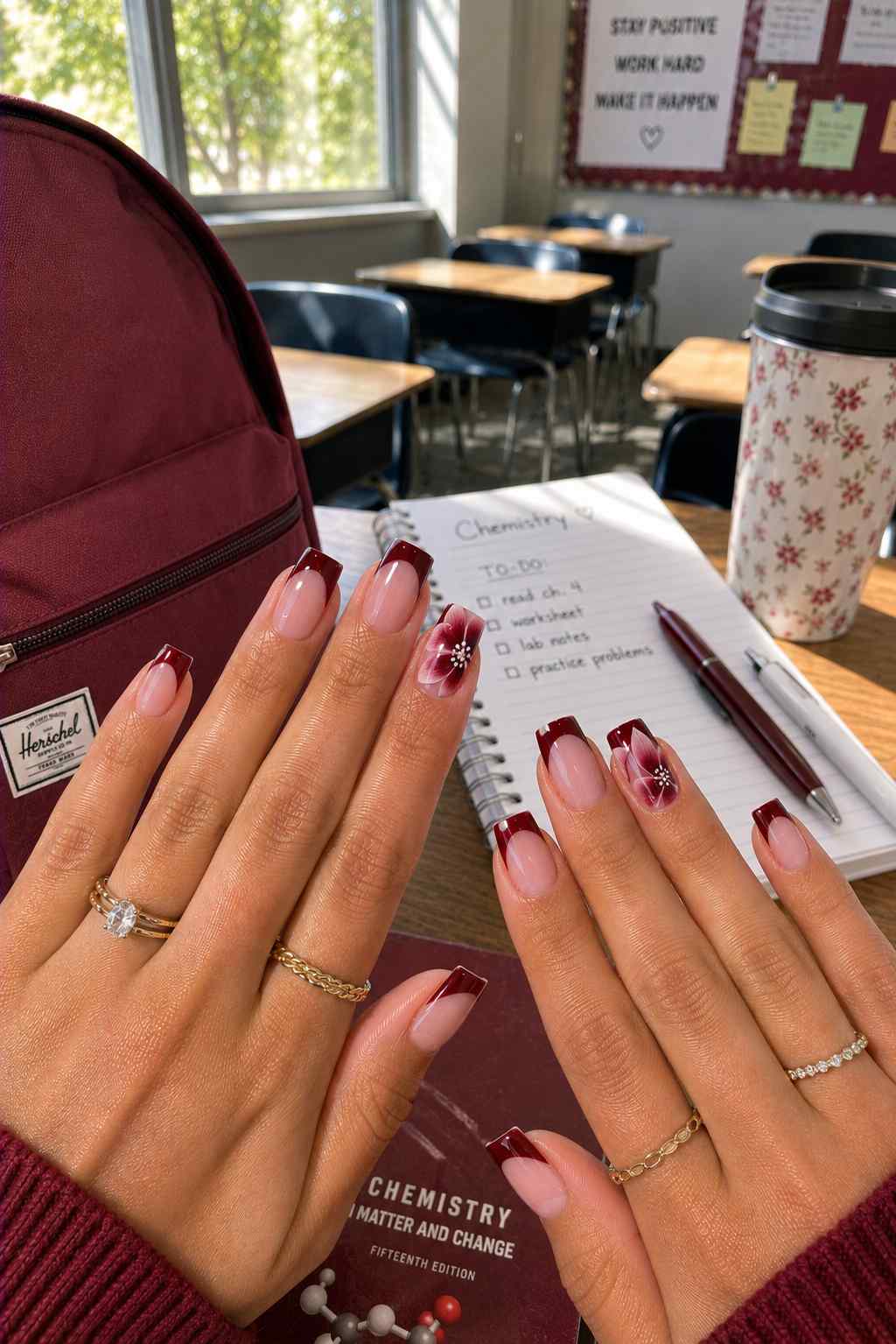 Nude nails with wine red French tips and a hand-painted flower accent nail