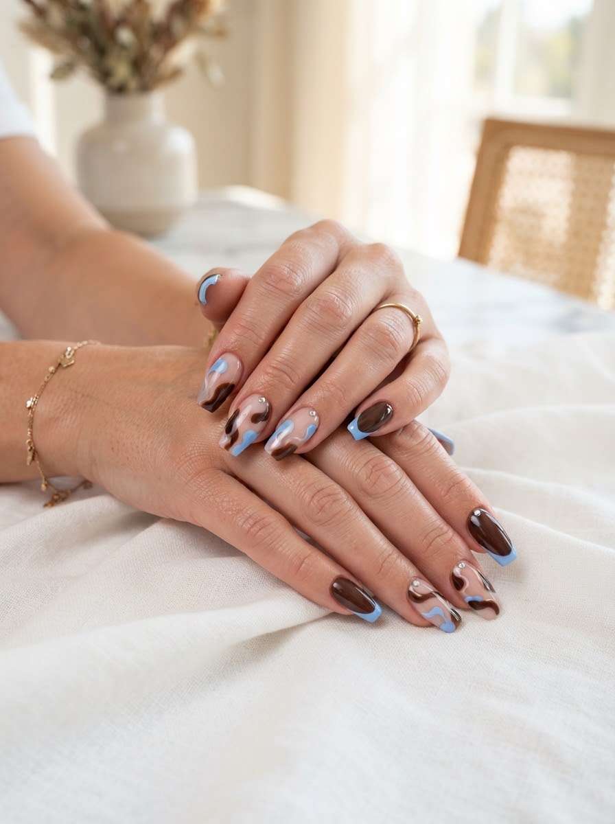 Brown abstract swirl nails with rhinestones on nude base