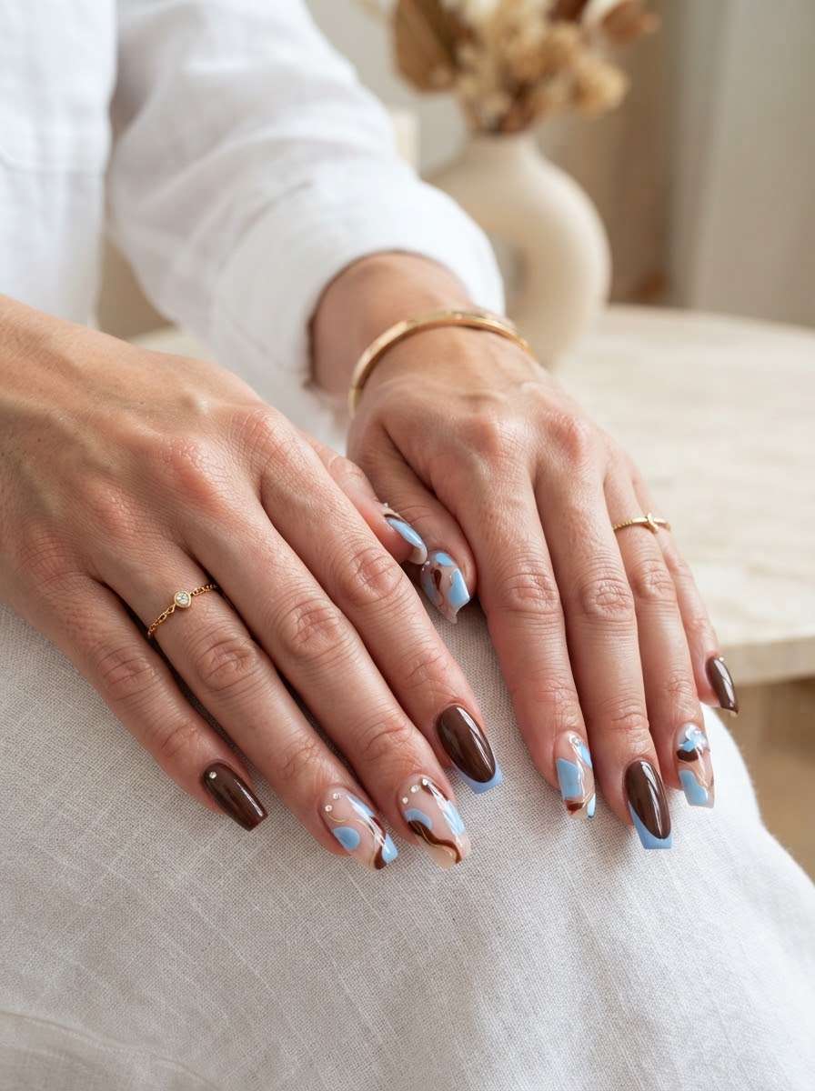 Brown and blue abstract wave nails with rhinestones