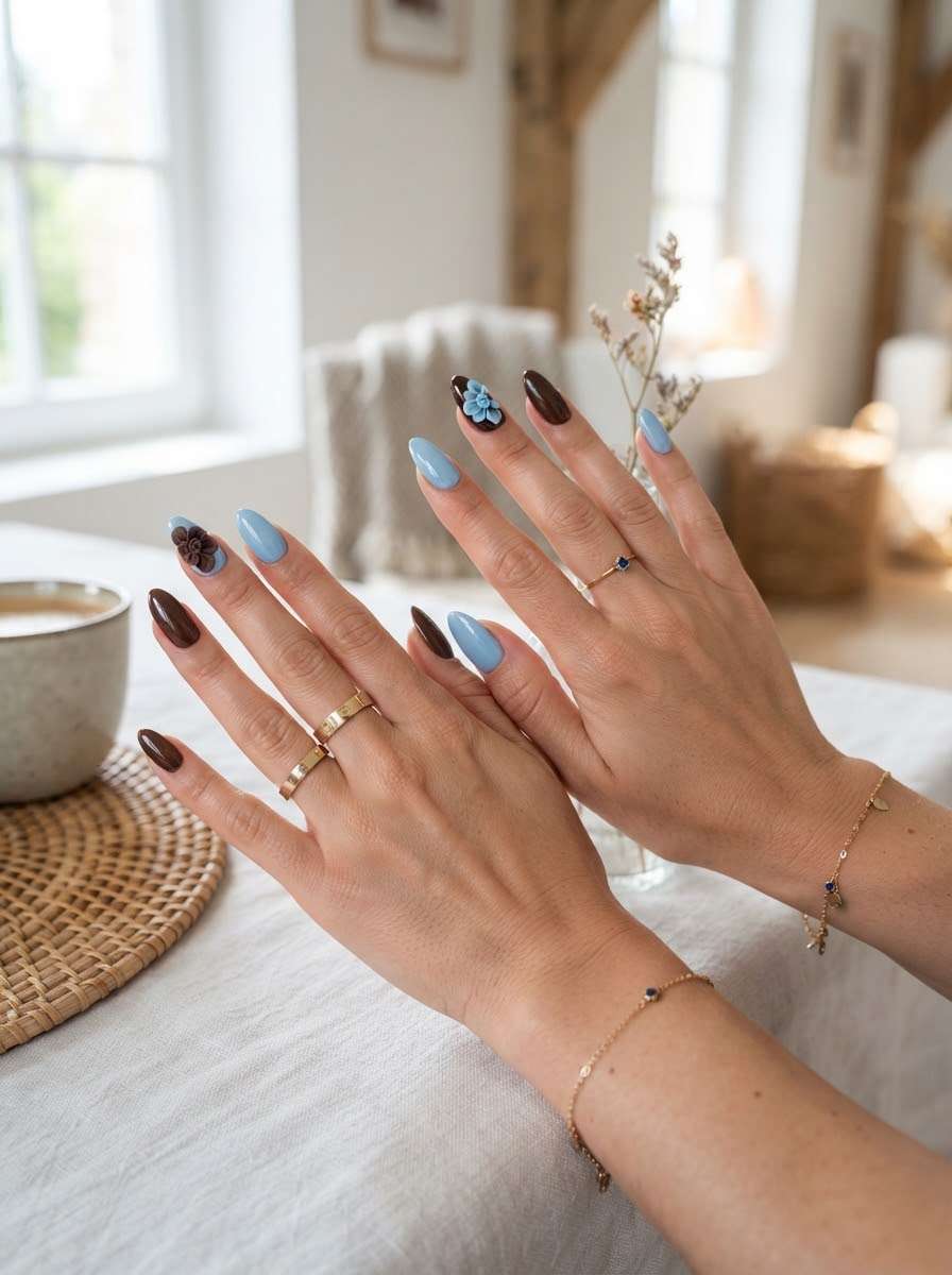 Alternating brown and blue nails with 3D flower accents