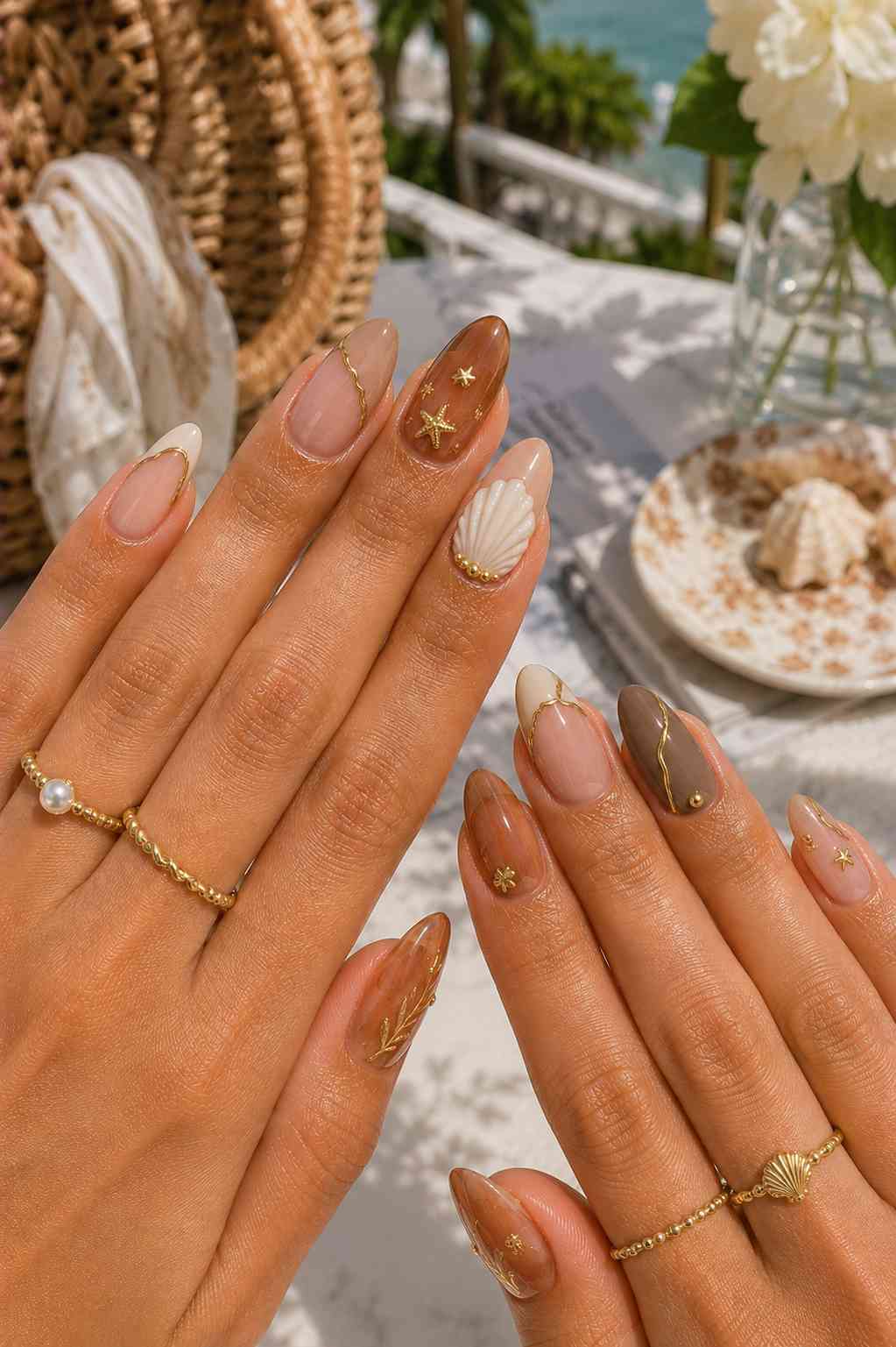 Warm amber and nude nails with gold starfish, a sculpted shell, and delicate gold vine line art