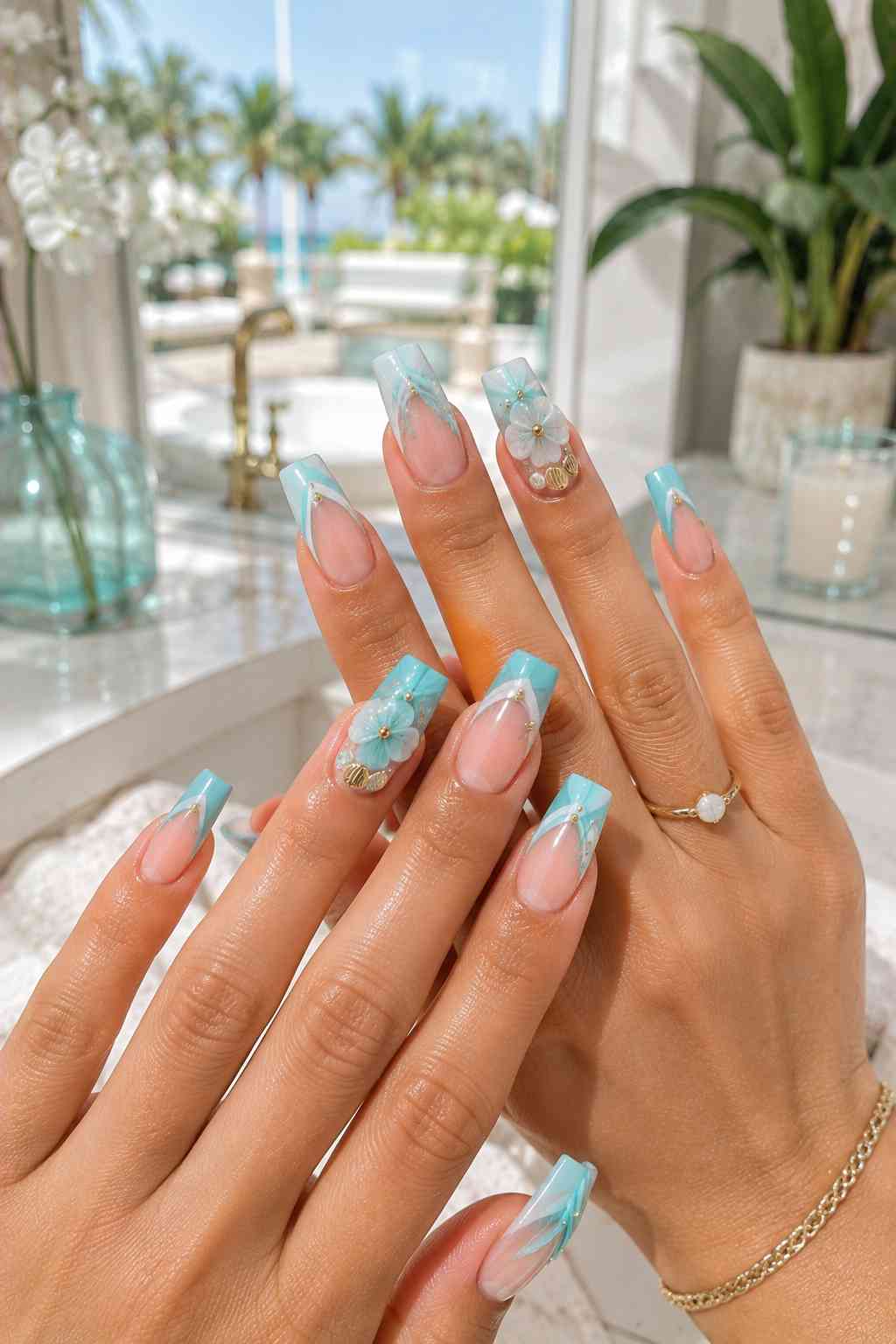 Long square nails with aqua French tips, sheer pink bases, 3D flowers, and delicate gold embellishments