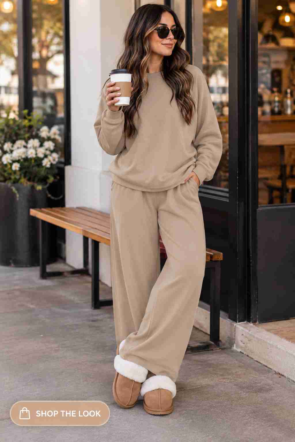 Beige matching sweatshirt and wide-leg sweatpants set with shearling slippers