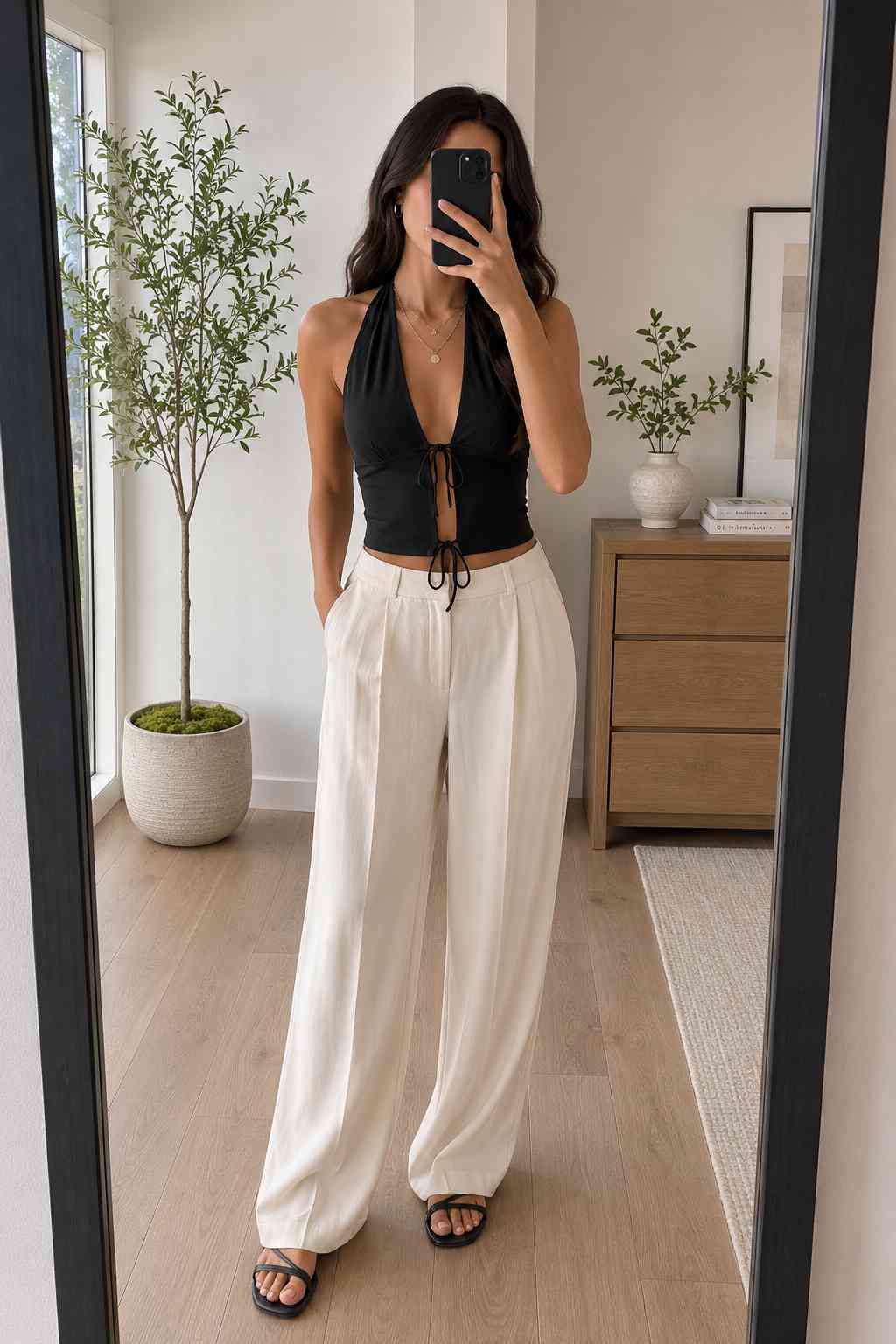 Black tie-front halter top with plunging neckline, styled with cream wide-leg trousers