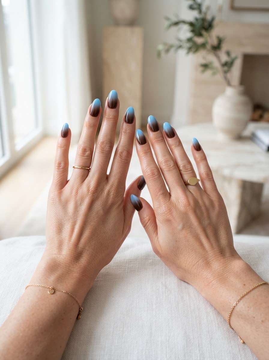 Blue to brown ombre gradient nails