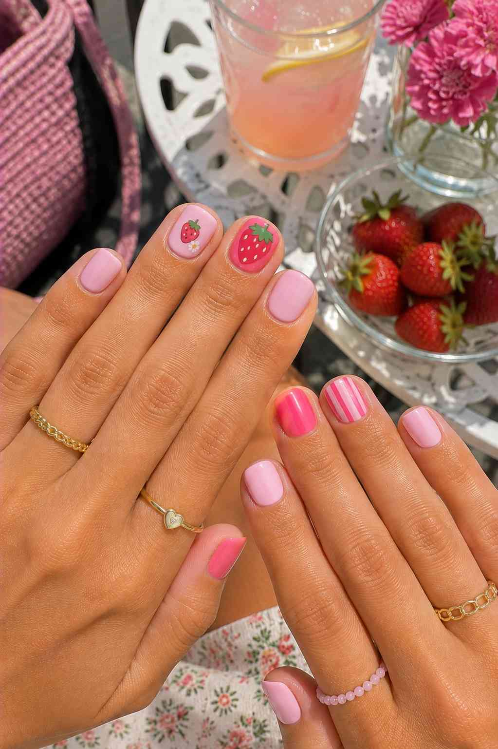 Blush pink nails with hand-painted strawberry design and hot pink ombré accent