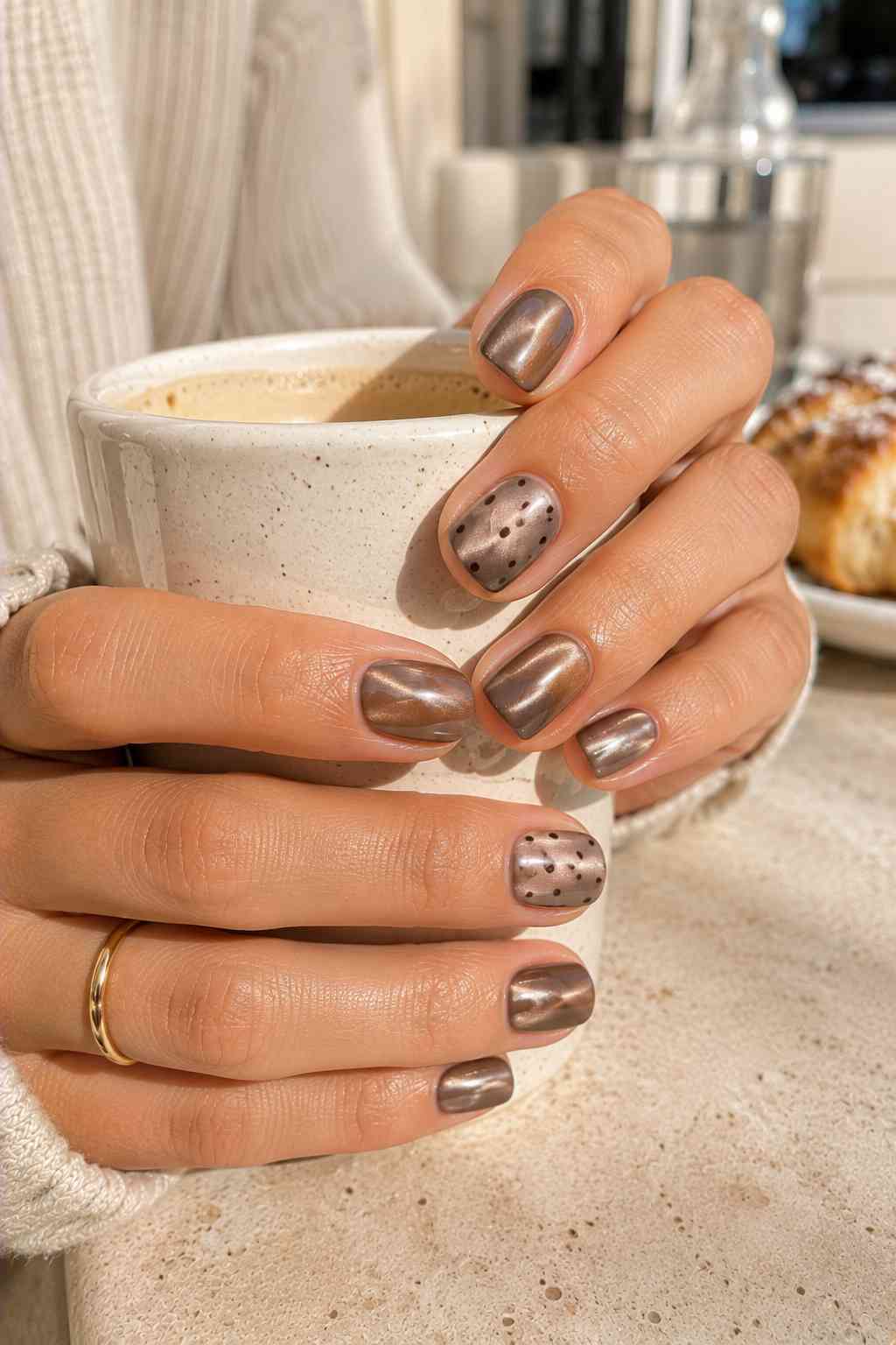 Bronze chrome nails with fine mesh dot texture accent nails
