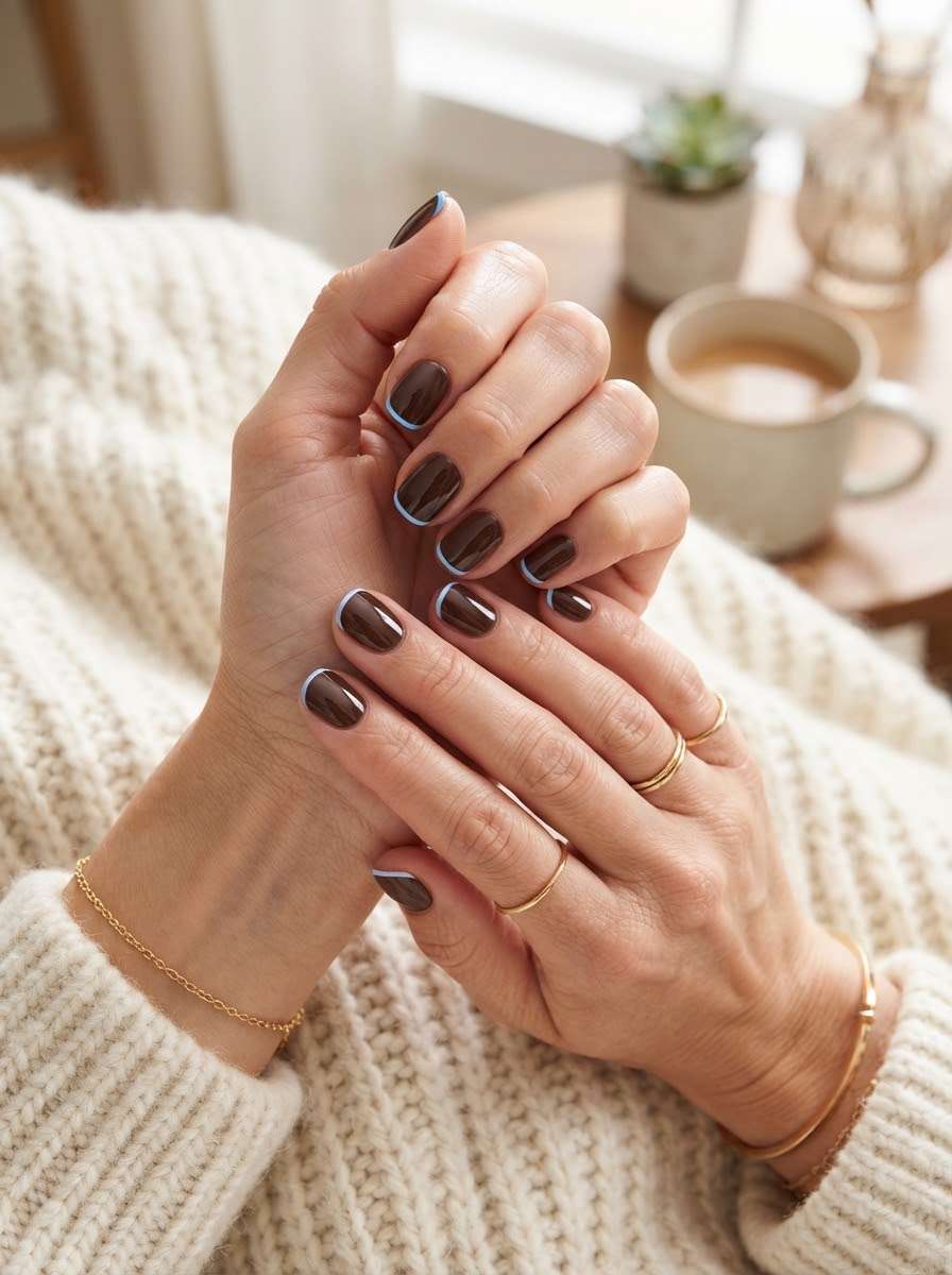 Brown nails with thin blue outline edge