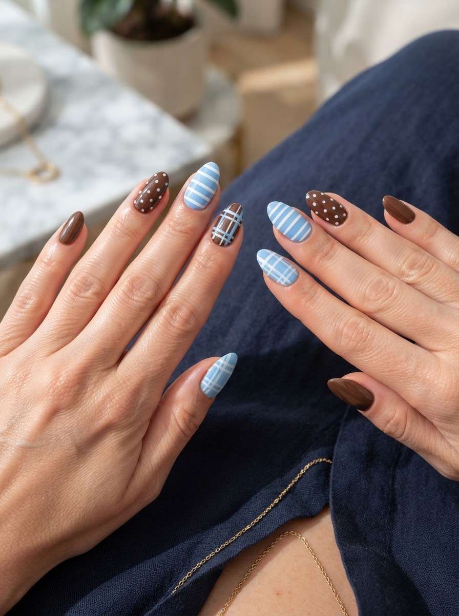 Brown and blue plaid nail design with polka dot accents
