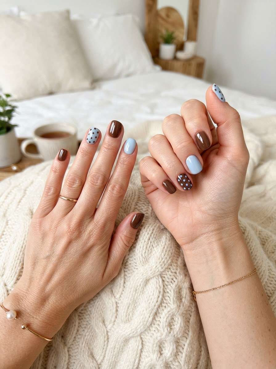 Solid brown and blue nails with polka dot accents