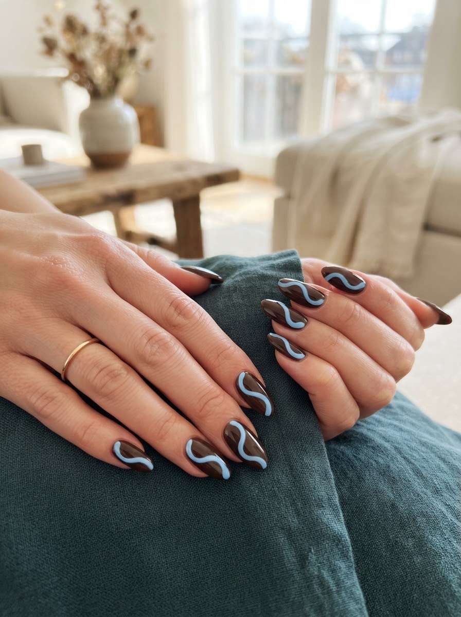 Brown nails with wavy blue squiggle line design