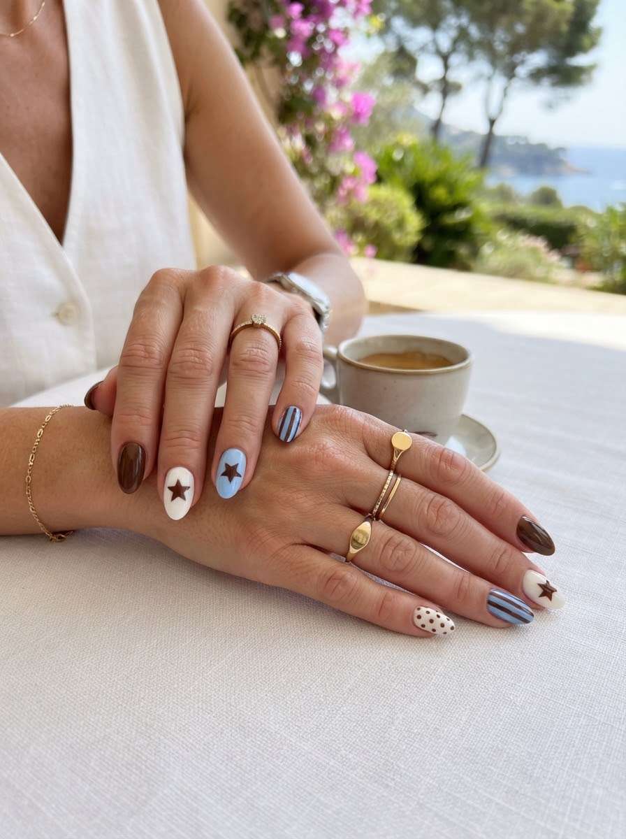 Brown and blue nails with star and stripe design
