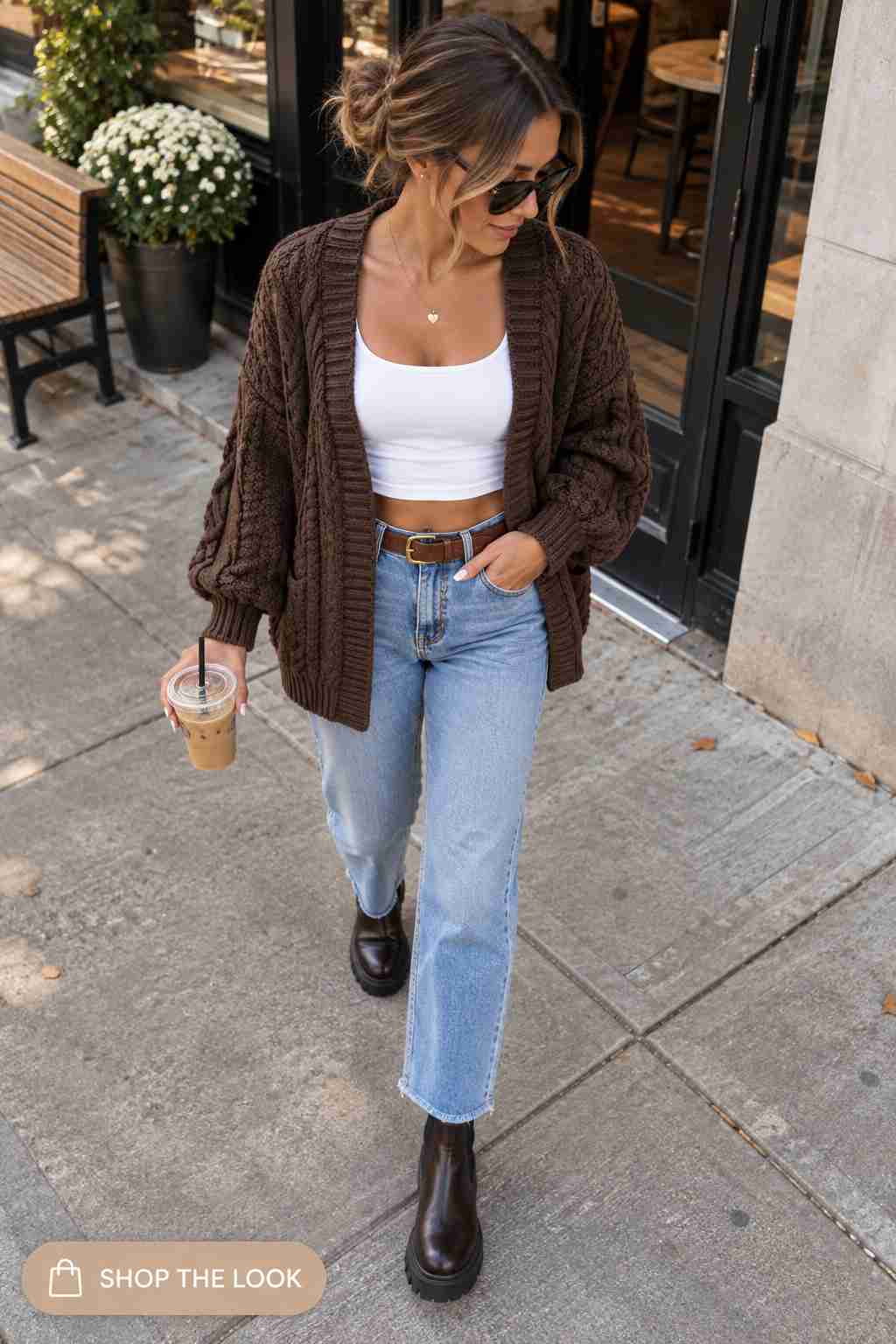 Brown cable knit cardigan open over a white crop tank with straight leg jeans
