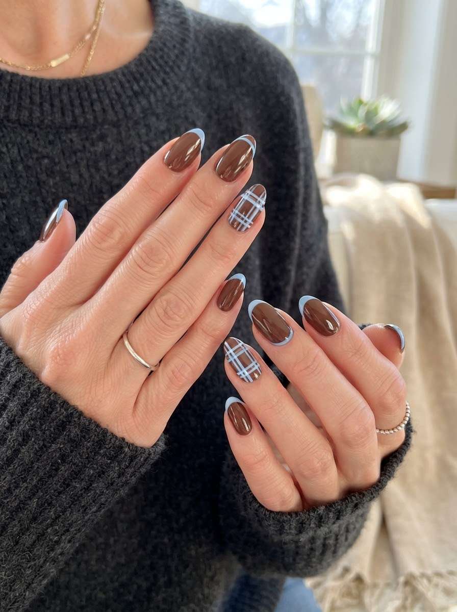 Brown french tip nails with plaid accent nail
