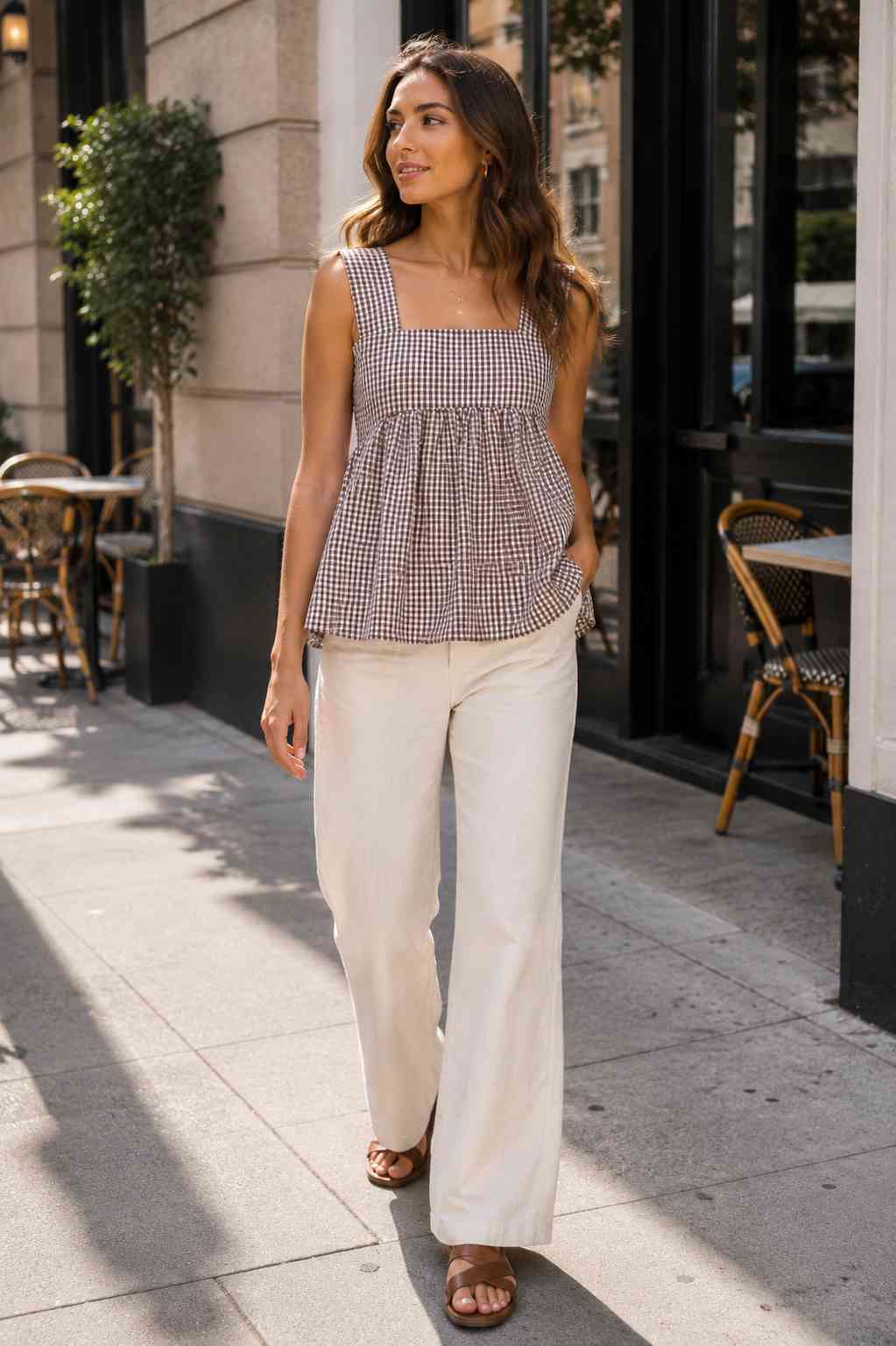 Brown and white gingham babydoll tank top, styled with cream wide-leg trousers