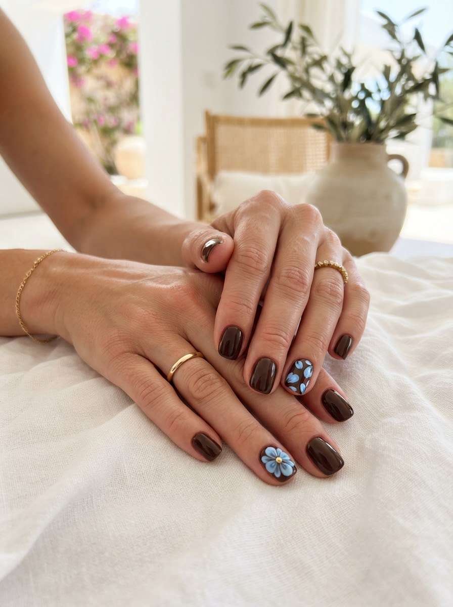 Solid brown nails with hand-painted blue flowers