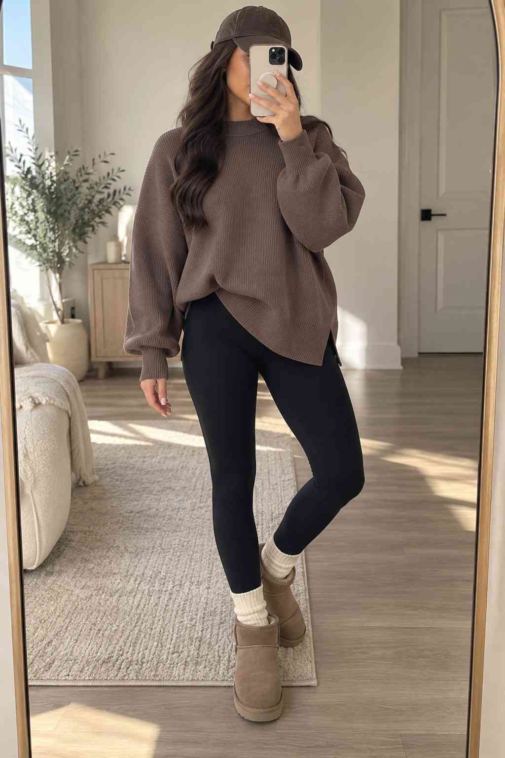 Oversized brown ribbed sweater with black leggings and tan mini boots