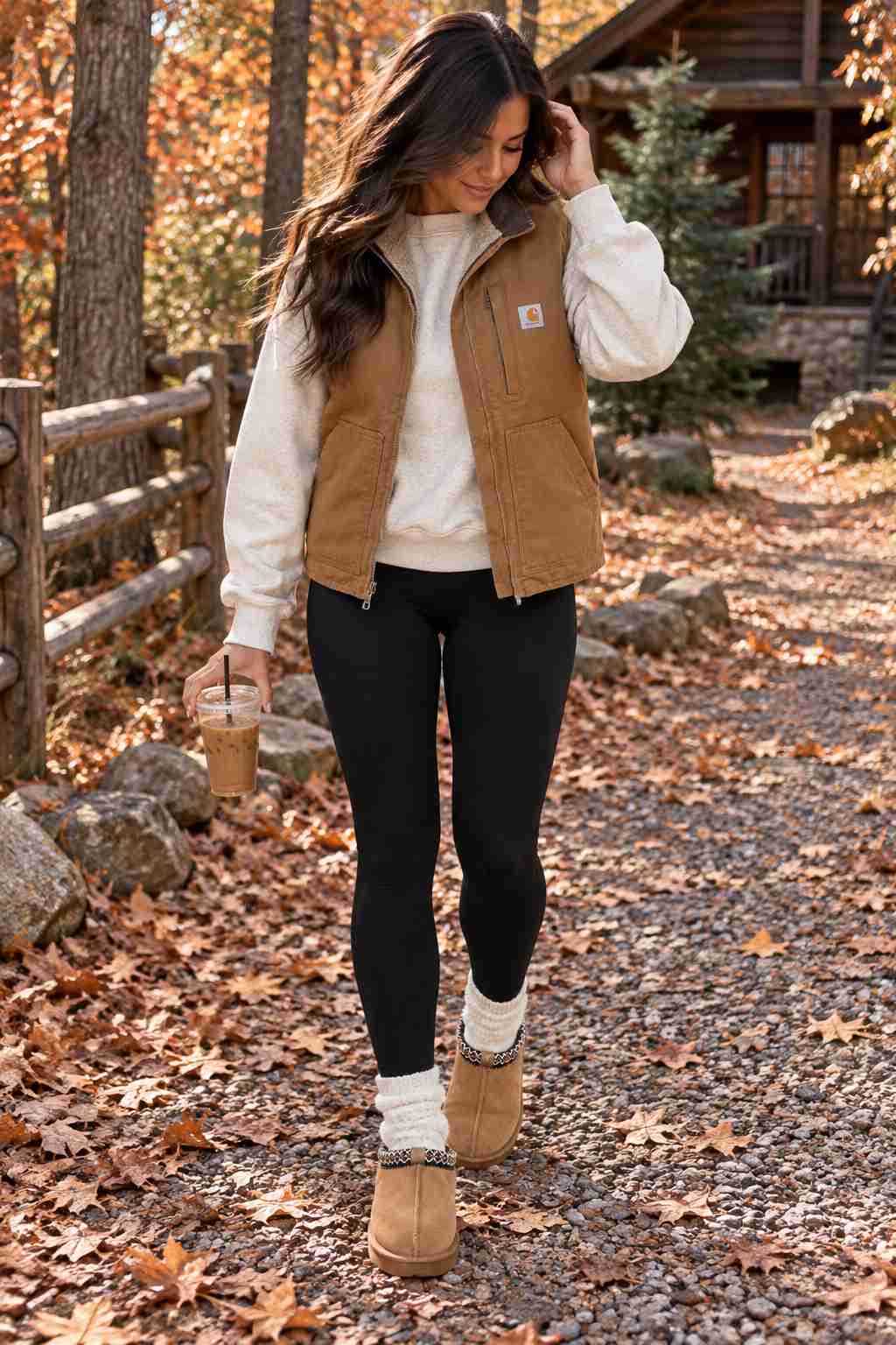 Brown suede vest layered over an oatmeal sweatshirt with black leggings and suede ankle boots