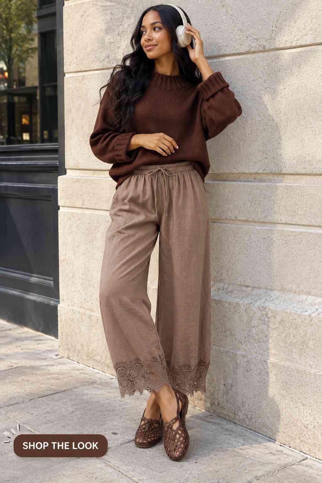 Brown mock-neck sweater with flowy wide-leg pants featuring a crochet lace hem