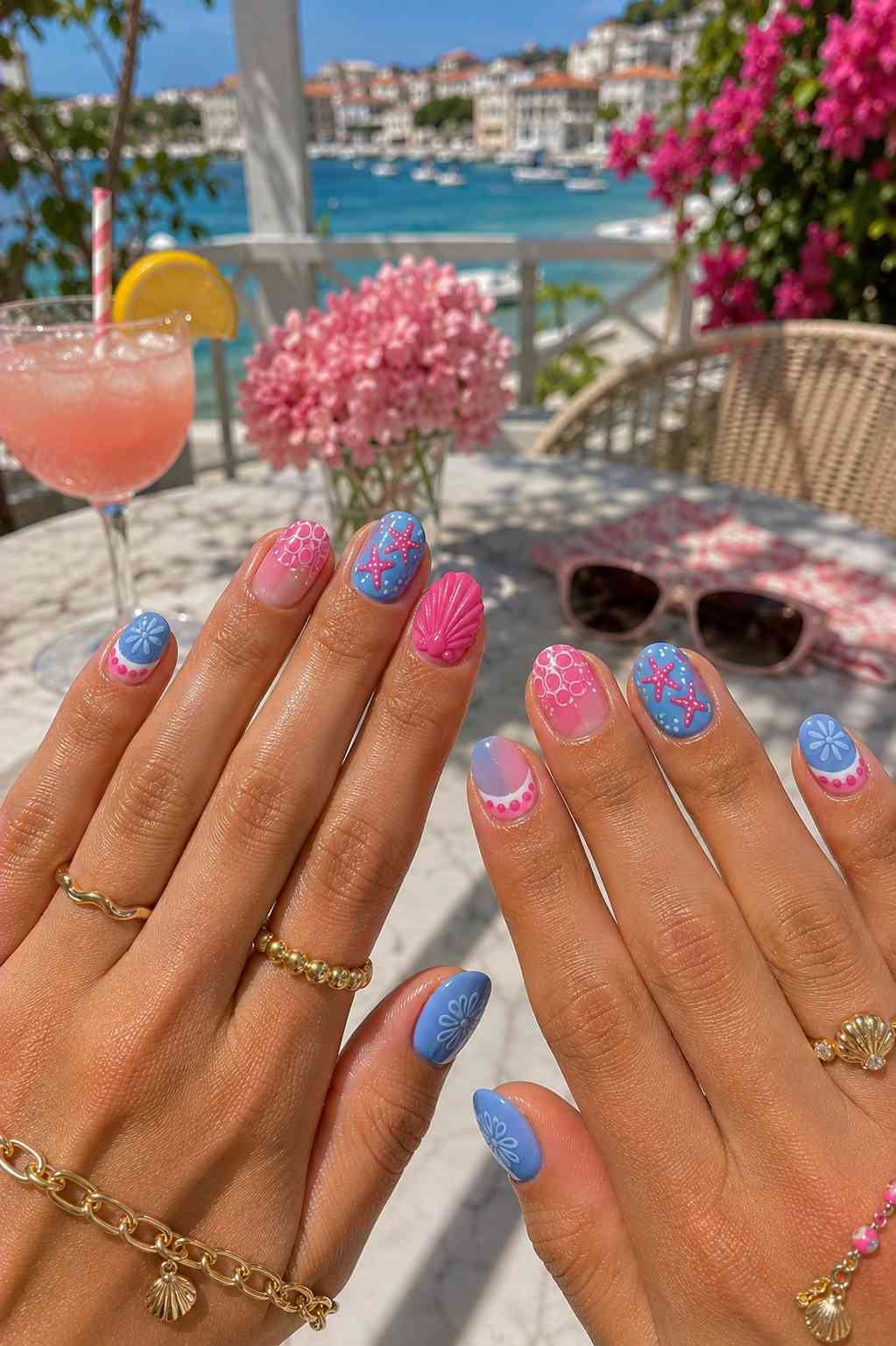 Pink bubble pattern nails paired with blue starfish, a sculpted pink shell, and blue daisy nail art