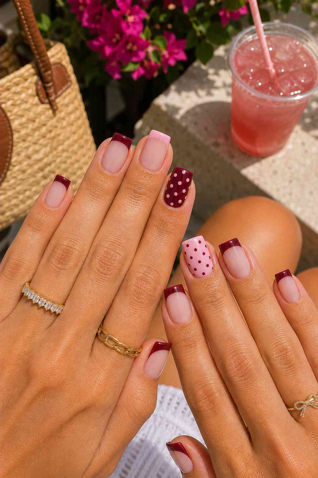 Burgundy French tip nails with pink polka dot accent nail