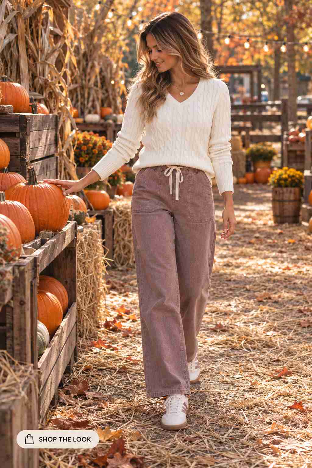 Woman in cream cable knit sweater with mauve corduroy pants