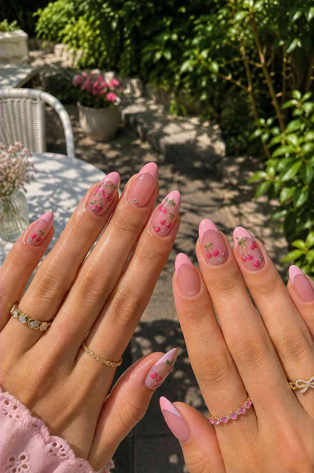 Pink French tip almond nails with sheer accent nails featuring hand-painted cherries and rhinestone accents
