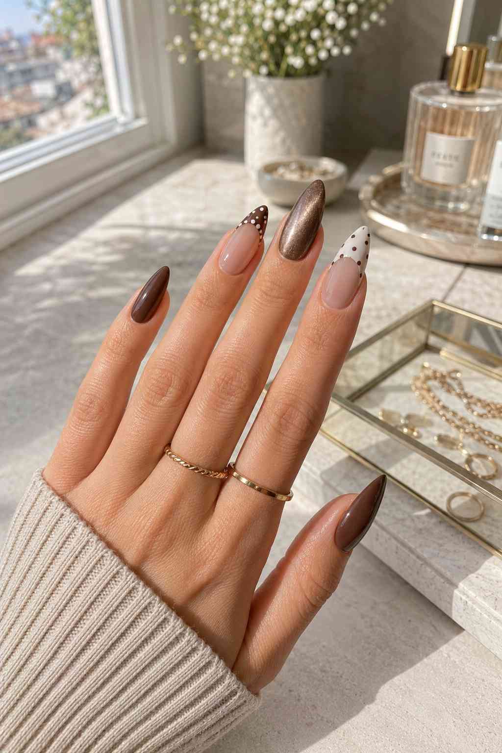 Chocolate brown nails with bronze chrome accent and polka dot French tips