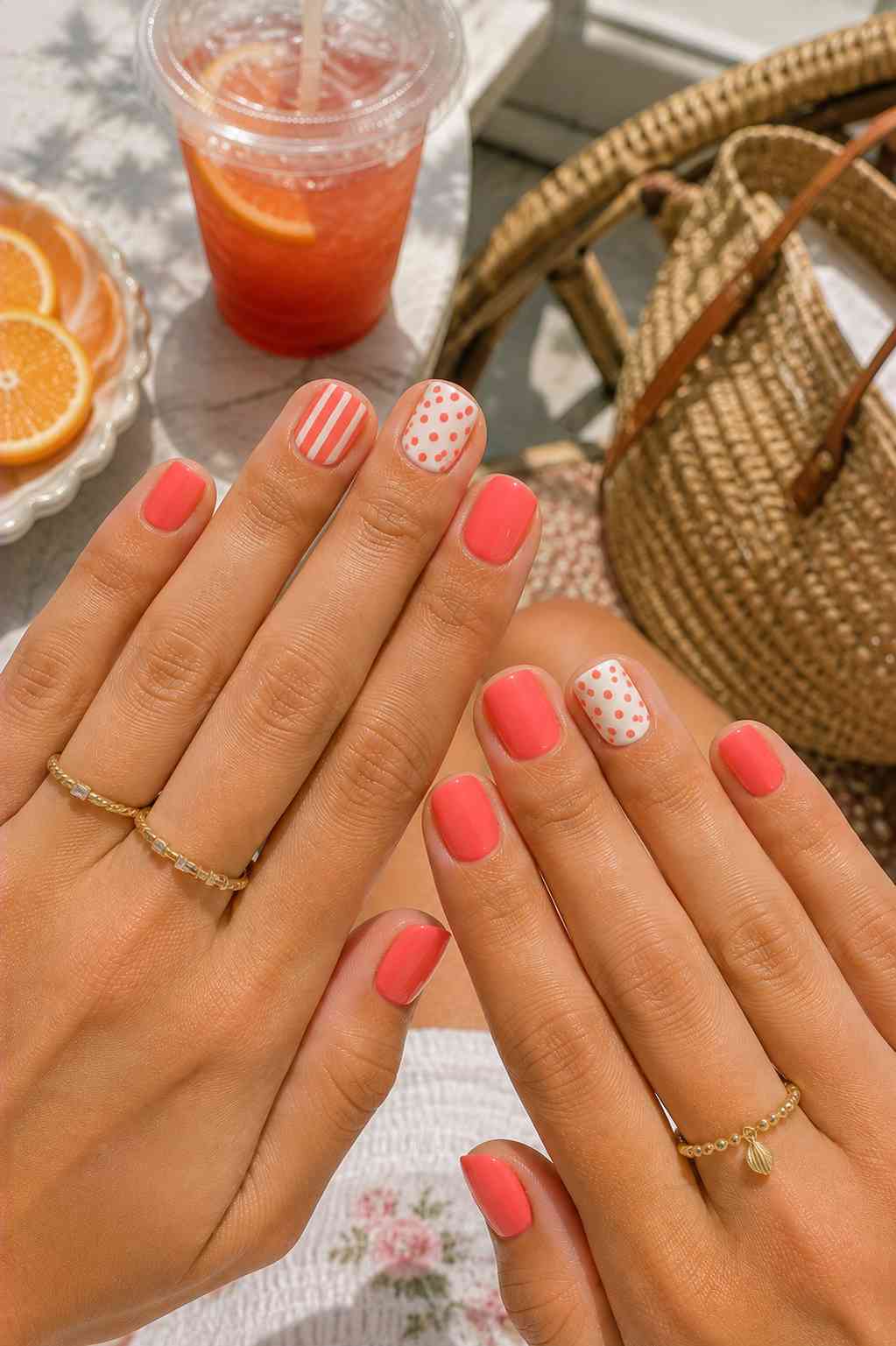 Coral solid nails with white striped accent nail and white polka dot accent nail