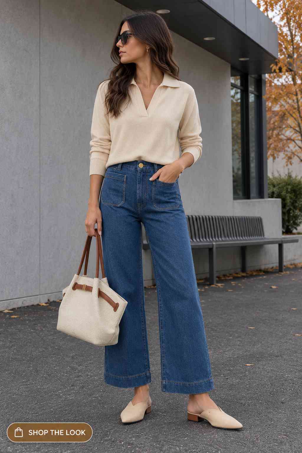Cream V-neck collared sweater with dark wash wide-leg jeans