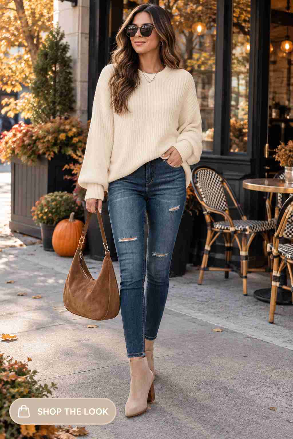 Cream ribbed sweater with distressed skinny jeans and suede ankle booties