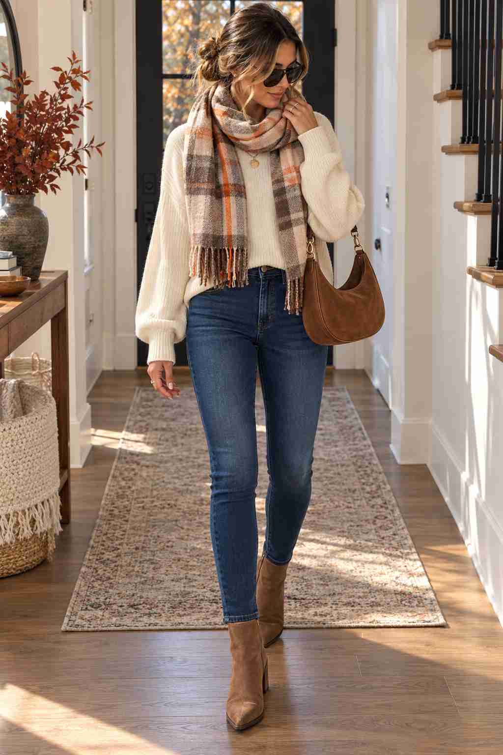 Cream sweater with a plaid scarf, dark wash skinny jeans, and suede ankle boots