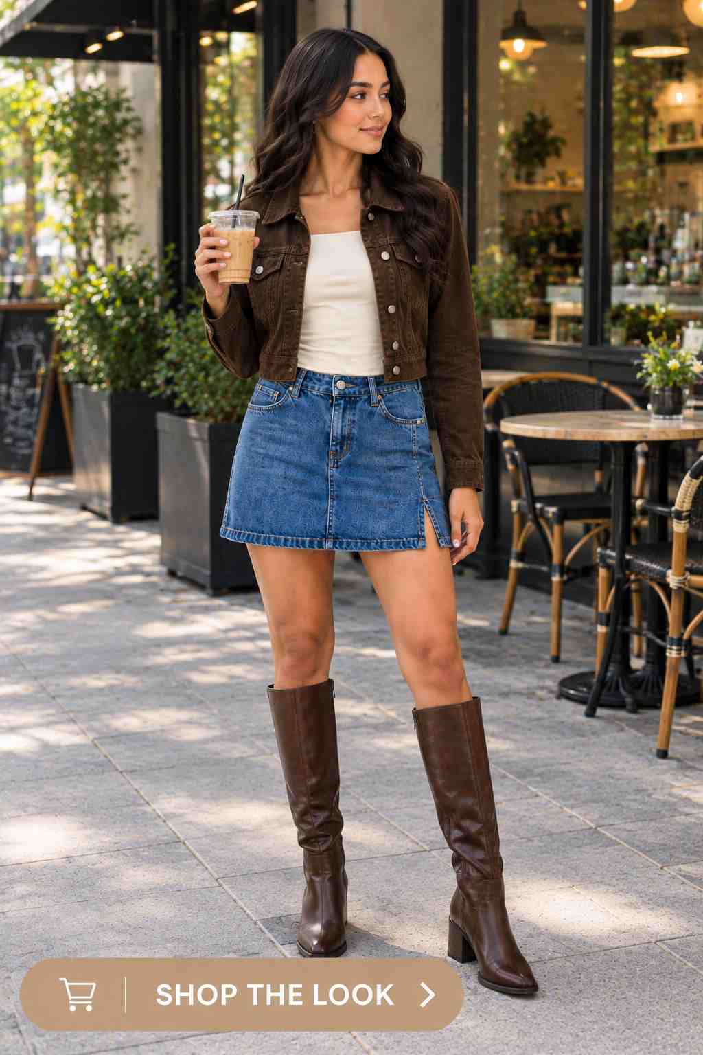 Woman in cropped brown denim jacket with denim mini skirt and knee-high boots