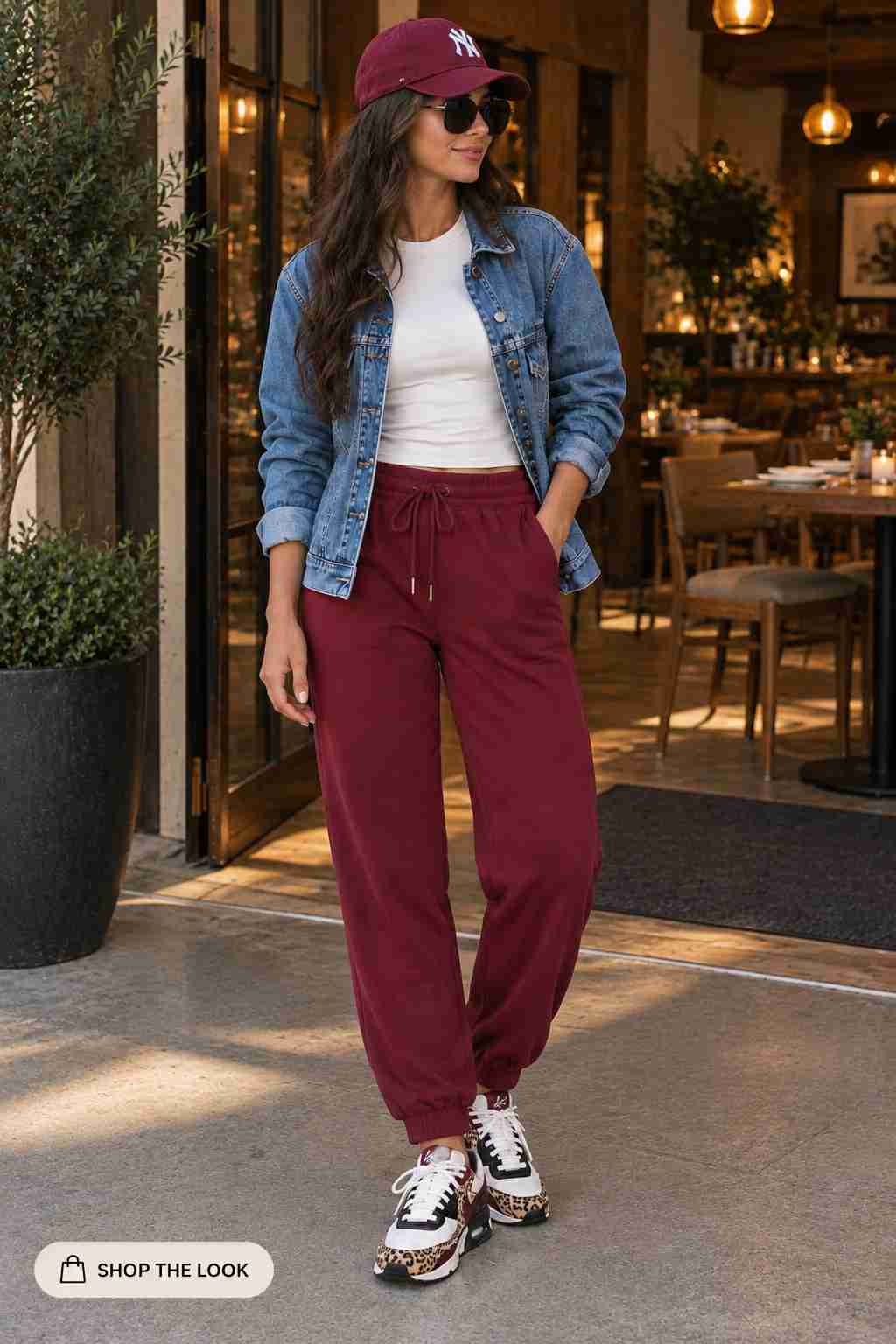 Woman in denim jacket with burgundy joggers and leopard sneakers