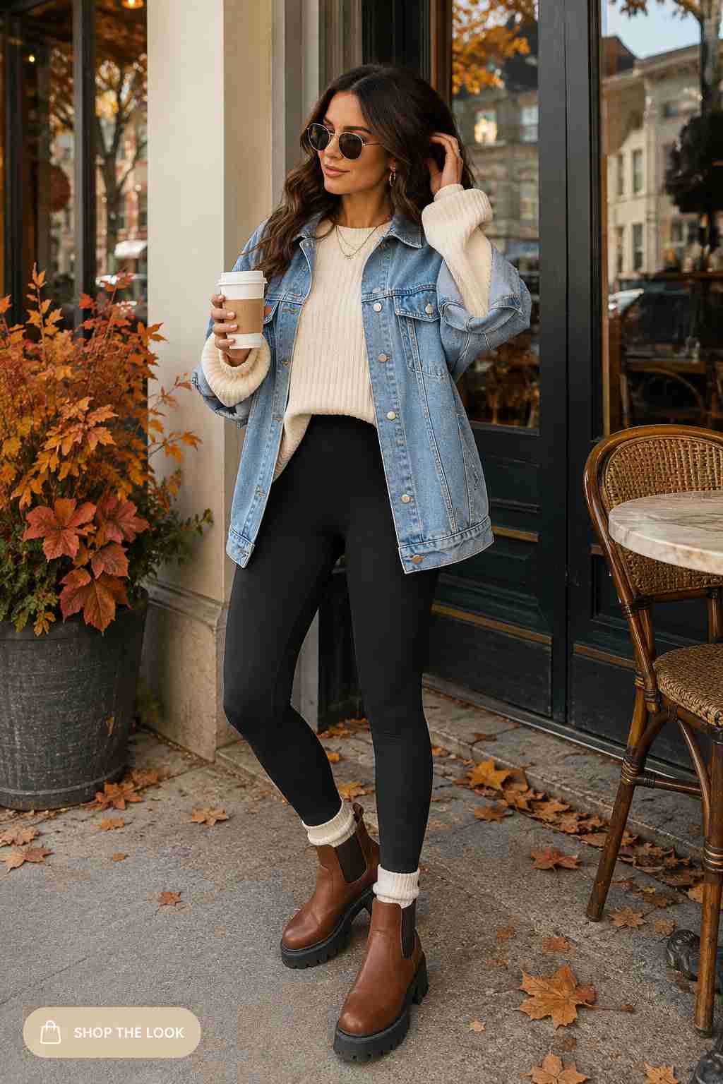 Oversized denim jacket over a cream sweater with black leggings and Chelsea boots