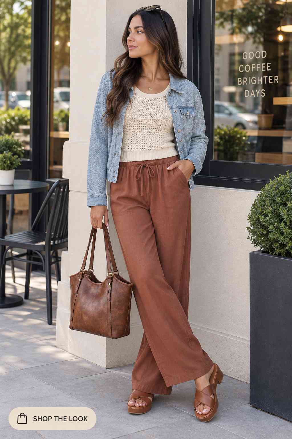 Light denim jacket over a crochet tank with rust colored wide-leg trousers