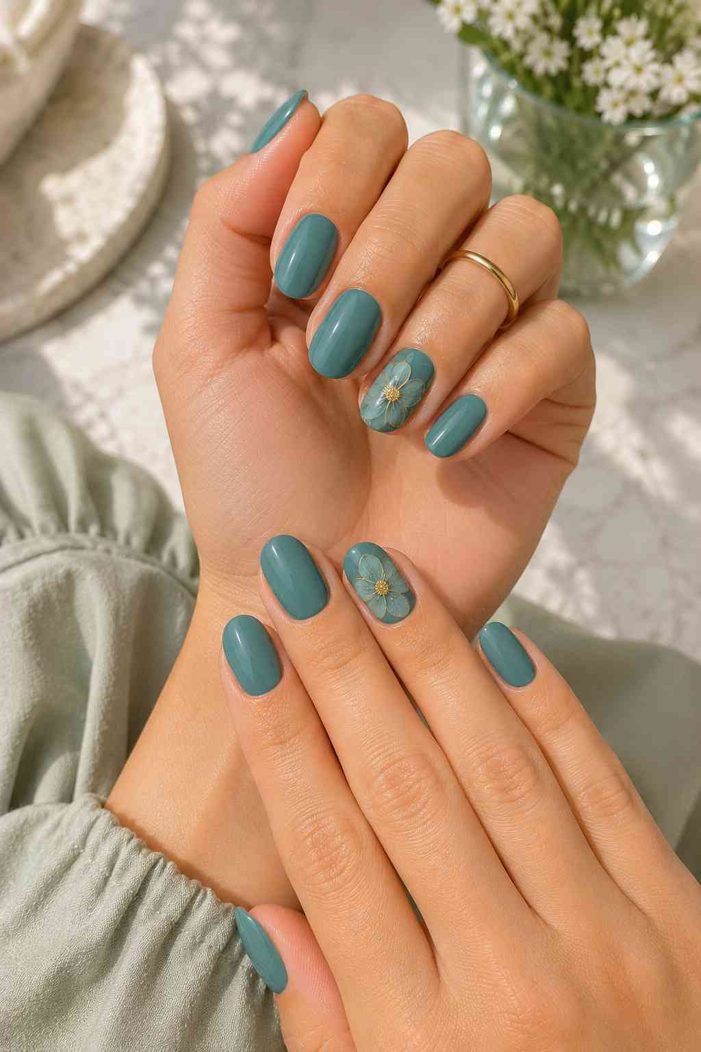 Short glossy dusty teal nails with dimensional teal flower accent nails and gold centers