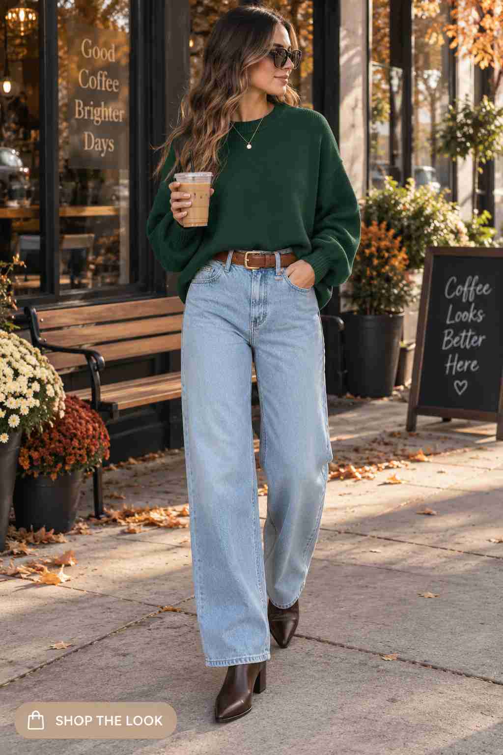Forest green oversized sweater with wide-leg jeans and a leather belt