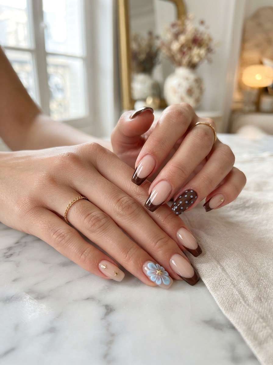 Brown french tip nails with dimensional blue flower