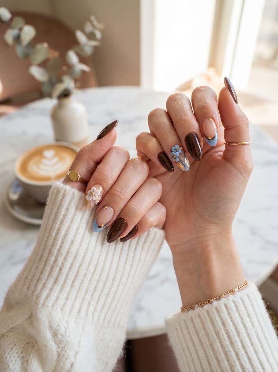 Brown nails with blue gold french tip and floral accent
