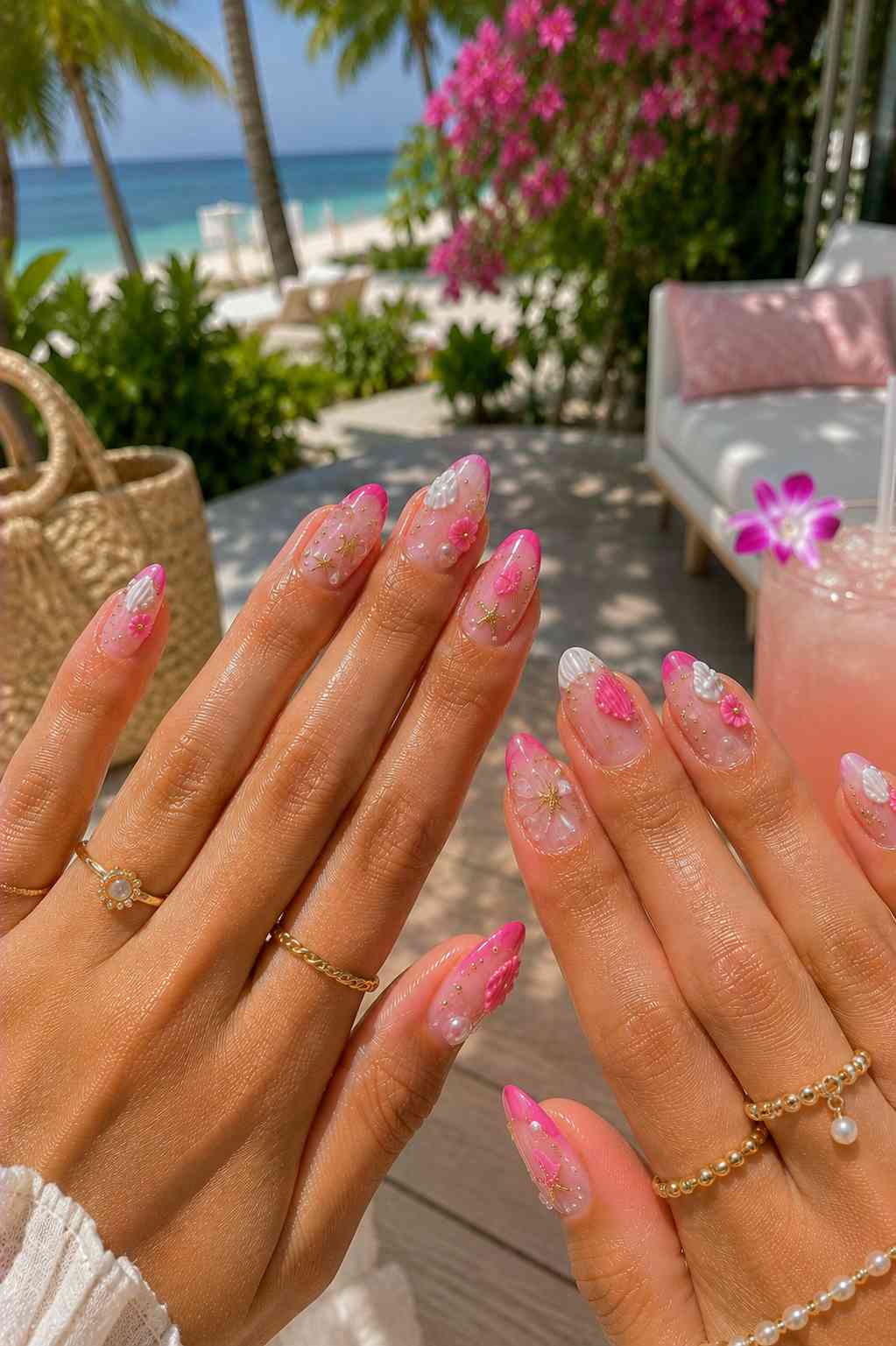 Hot pink French tip nails with a 3D white shell charm, pink flower, gold starburst detailing, and pearls