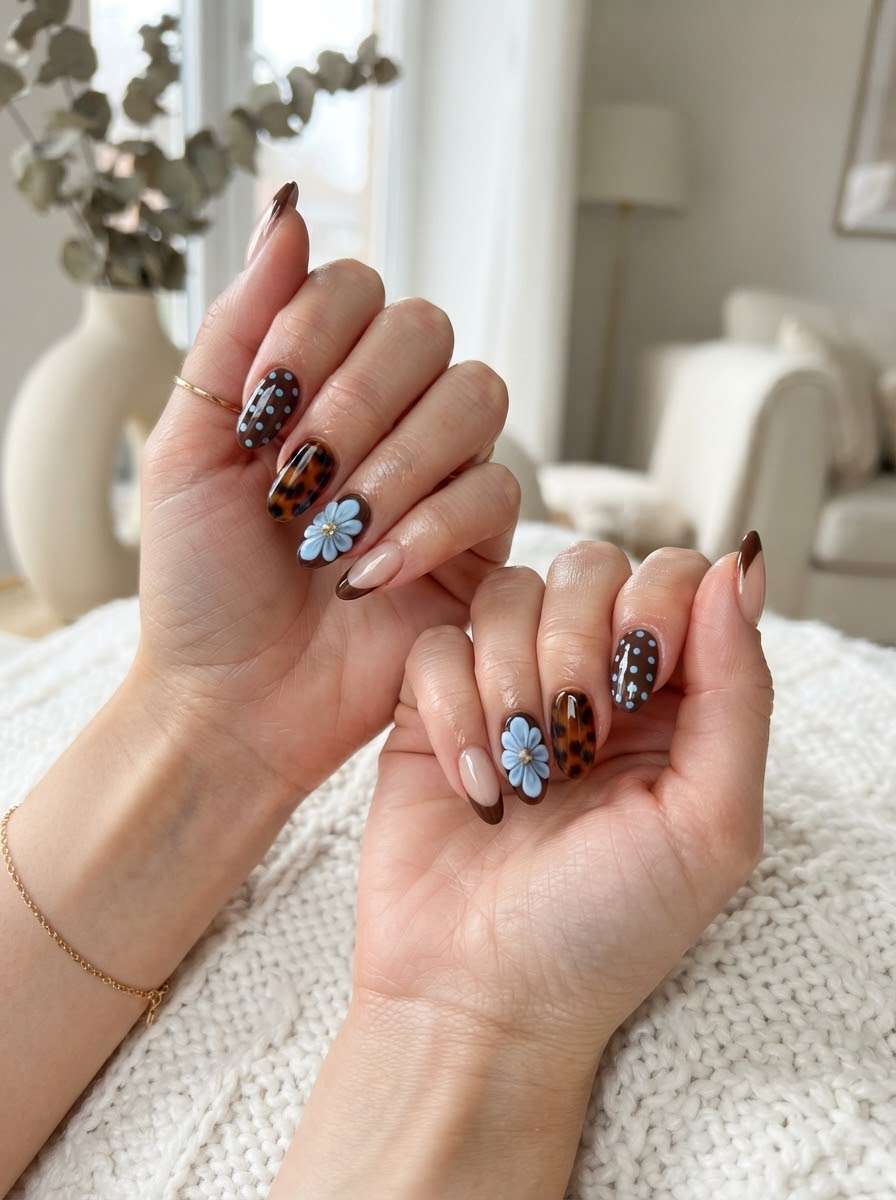 Leopard print nails with 3D blue flower accent