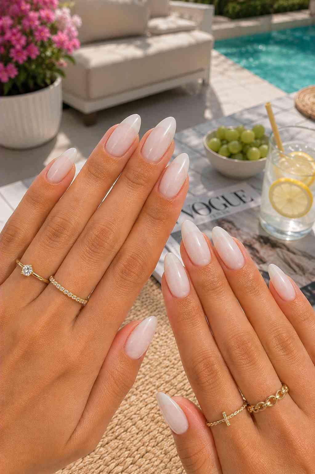 Solid milky white opal-toned almond nails with no additional nail art