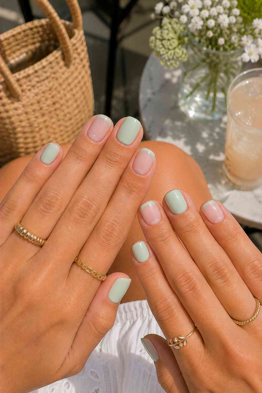 Minimal sheer nails with soft mint green French tip outline