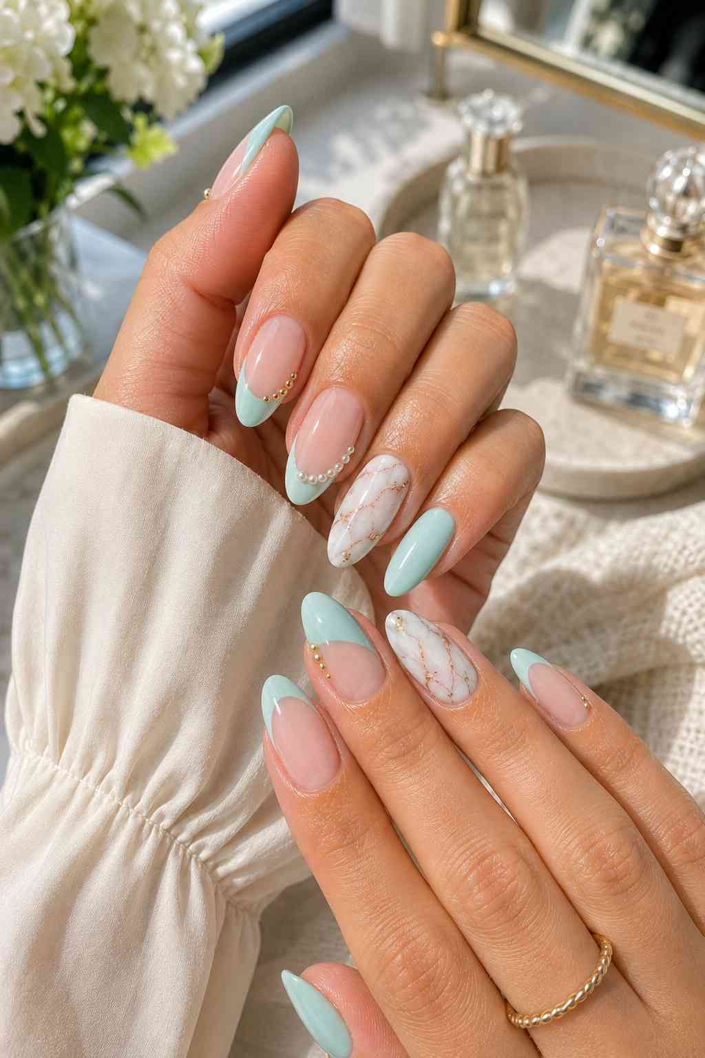 Almond nails with mint teal French tips, white marble accents, pearls, and tiny gold details