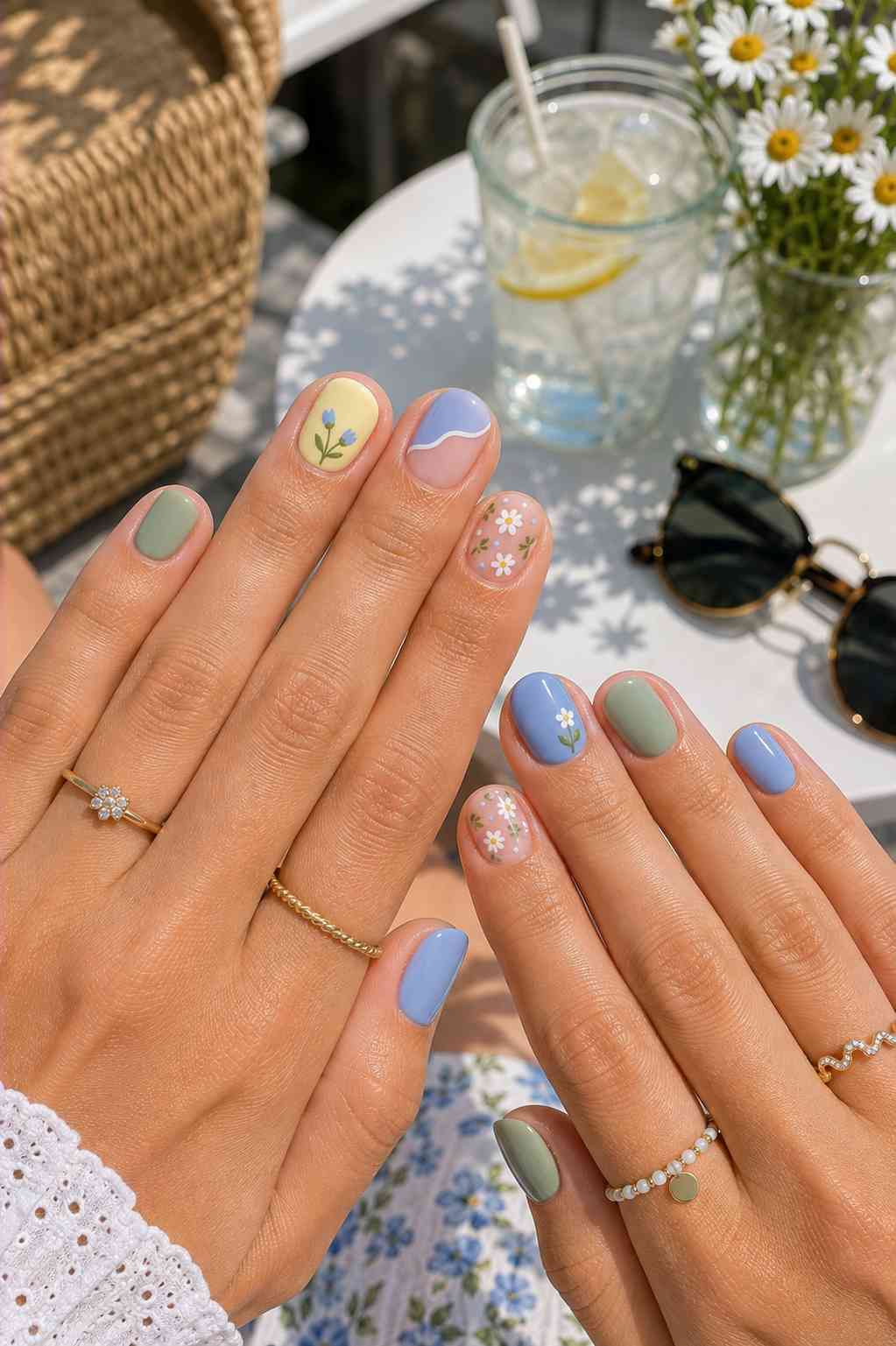 Mixed pastel nails in yellow, blue, lavender, and sage with hand-painted floral details