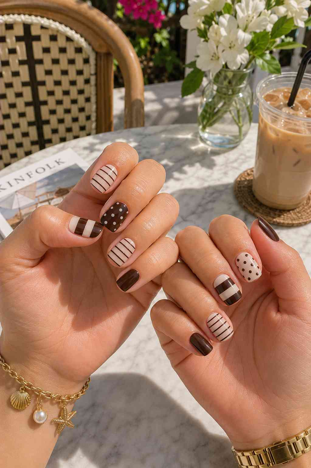 Short square nails with cream and brown stripes, polka dots, and solid color block accents