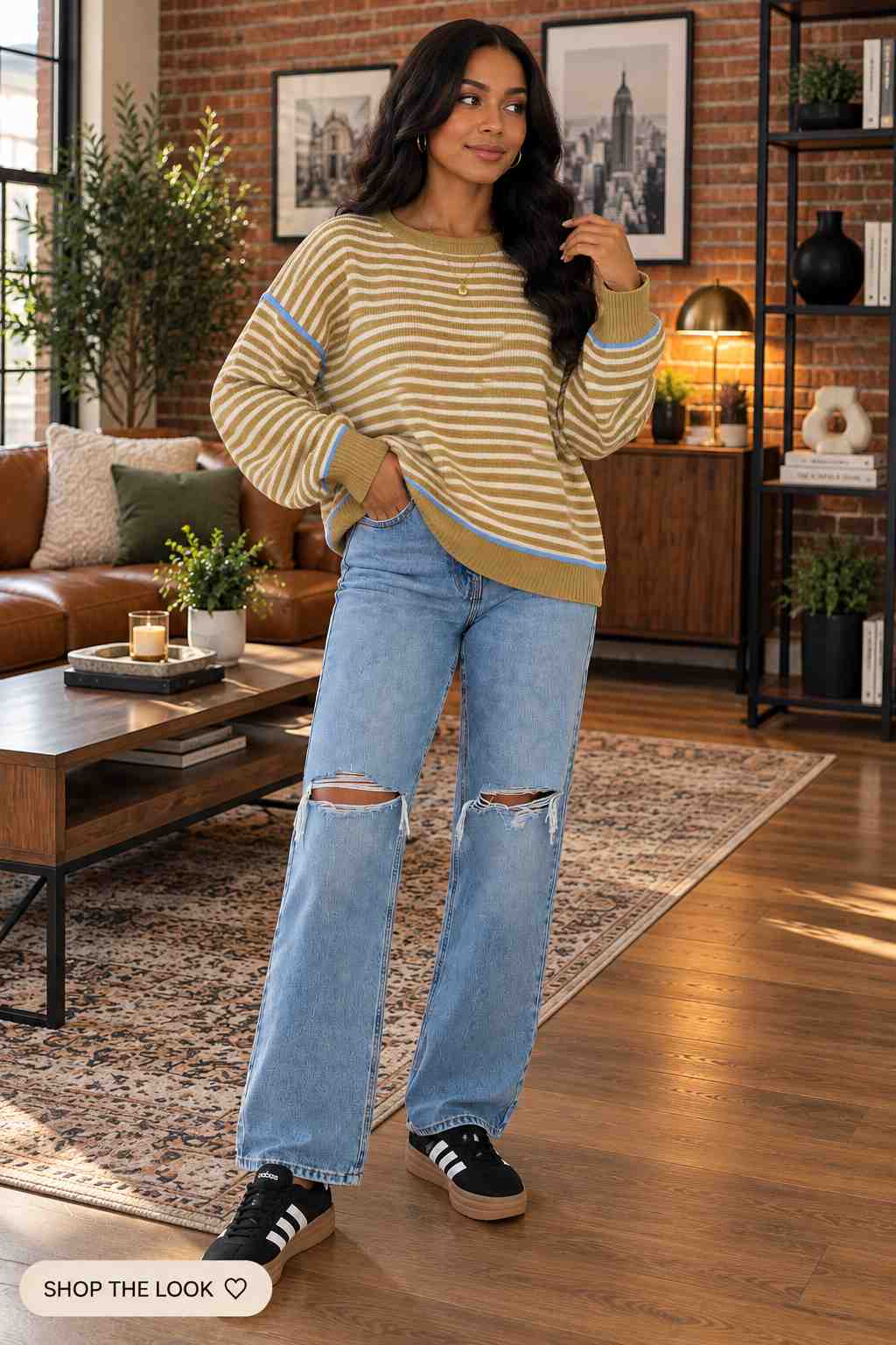Mustard and cream striped sweater with blue trim and ripped straight jeans