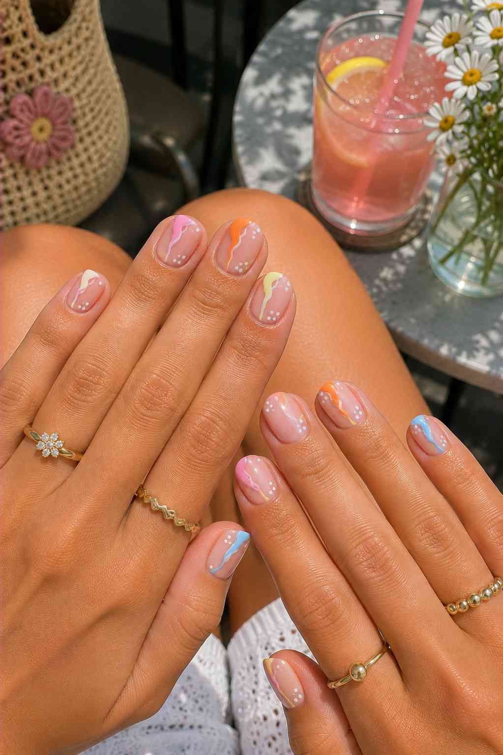 Sheer nude nails with pastel swirl line art in pink, orange, yellow, and blue