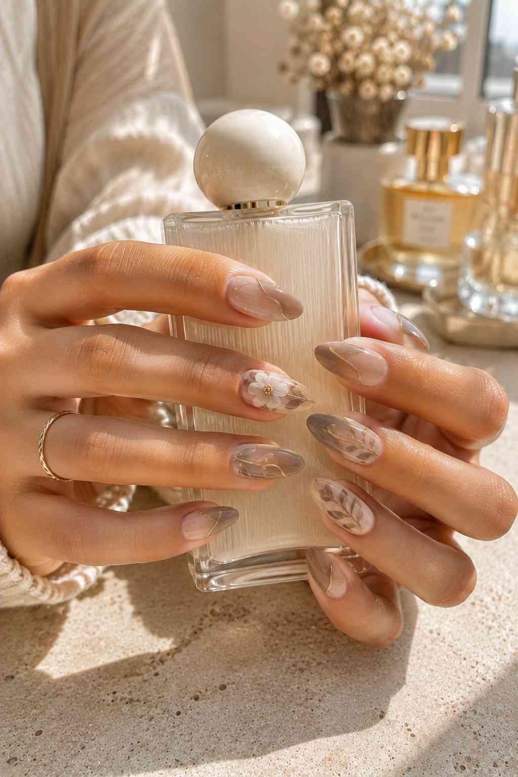 Sheer taupe nails with fine gold swirl line art and a hand-painted white flower accent